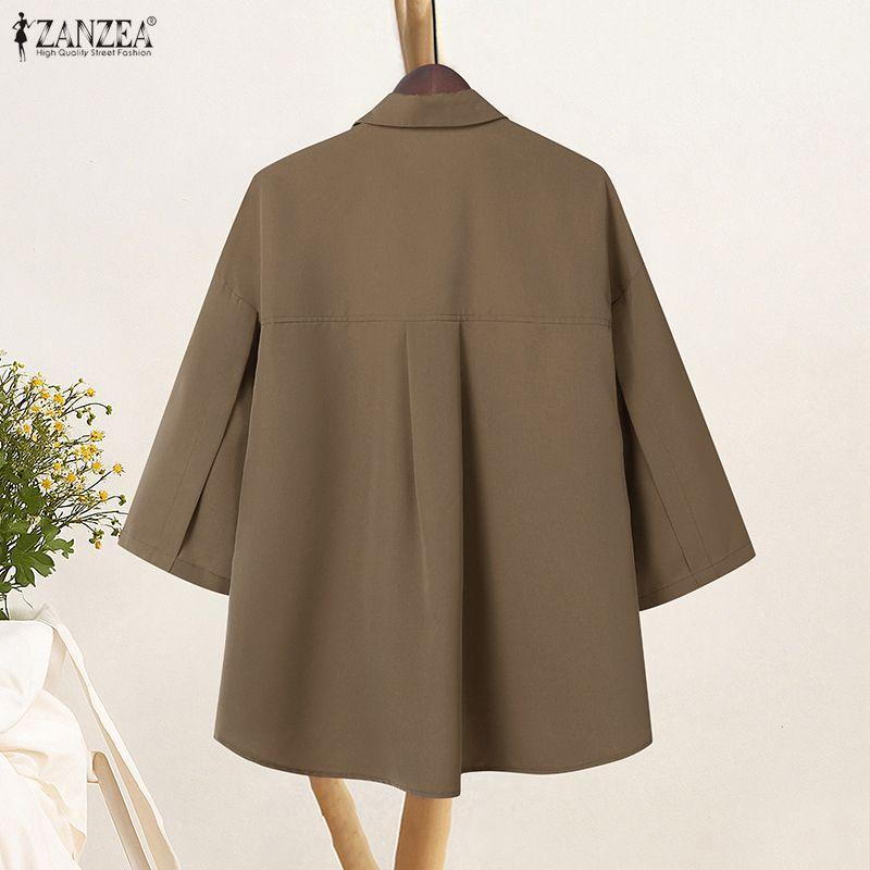 ZANZEA Dame Casual Nedslått Krage Løs 3/4 Ermet Bluse