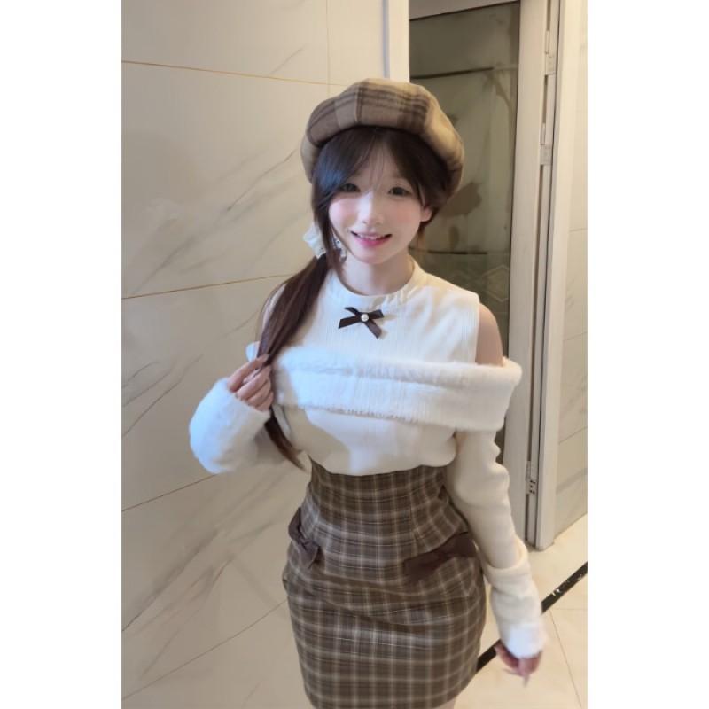 Knitted Patchwork Plaid Dress With Bow Detail Womens Fitted Short A-Line Fall Winter Small