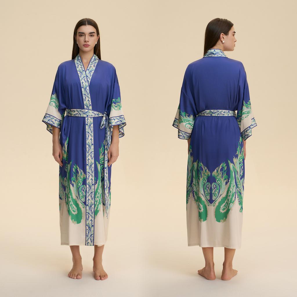 Yaoting European and American satin long-sleeved pajamas women's long loose and comfortable nightgown printed loungewear WP1981