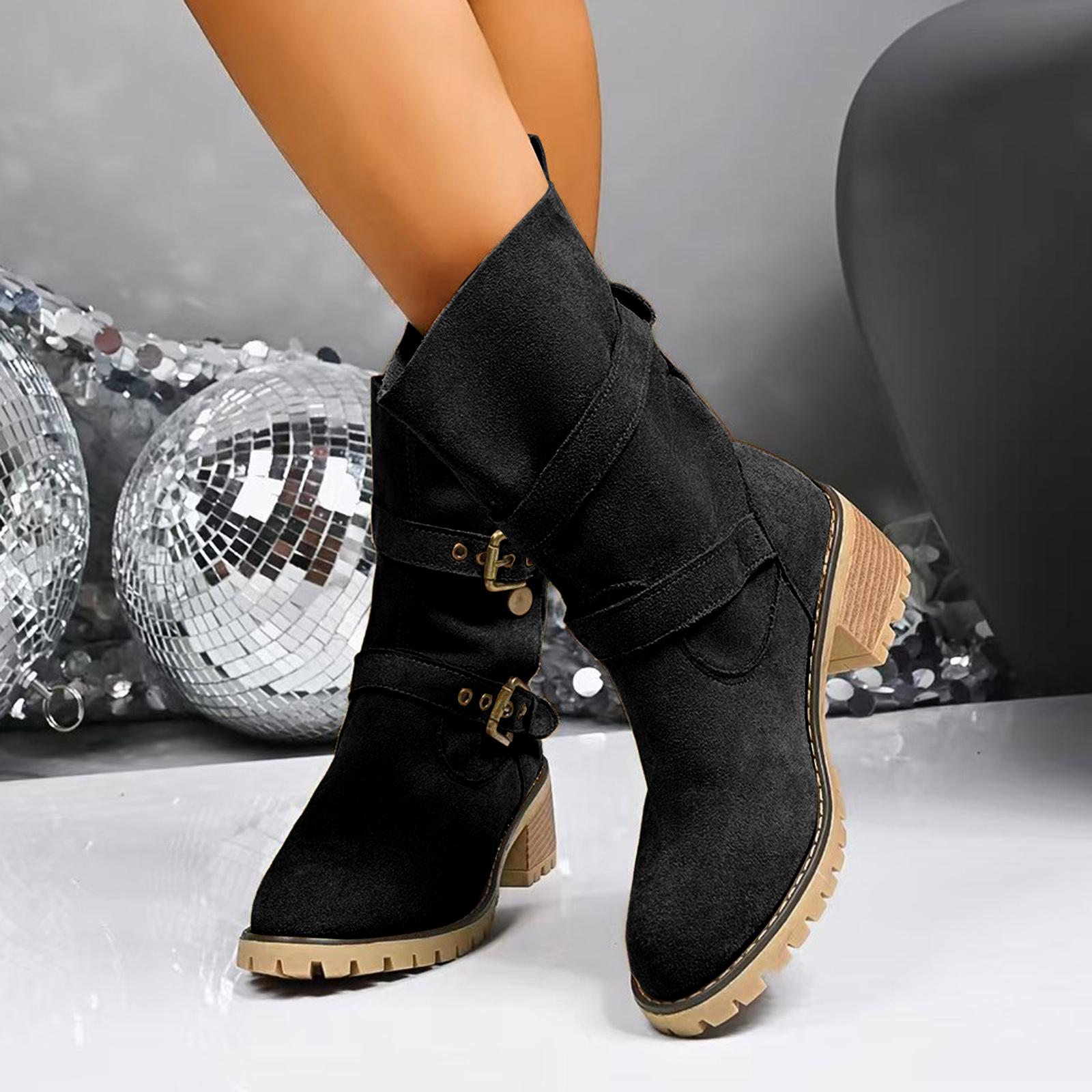 Women s With Chunky Heels Round Toes Mid Calf Length Belt Stylish Versatile Retro Western Cowboy Boots Women Wide Calf Glitter 37 чёрный 4200₽