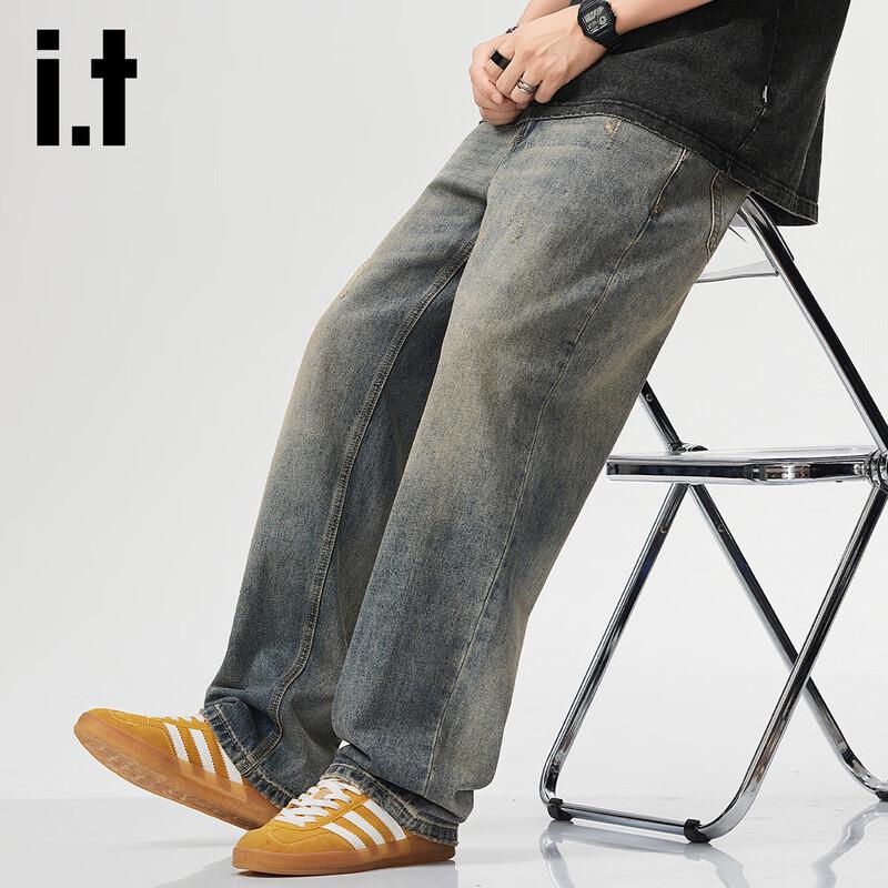 Izzueit Men's American Retro Loose Fit Washed Straight Leg Jeans