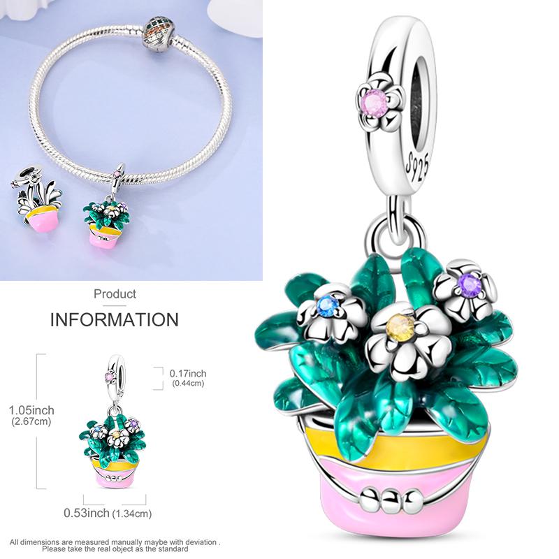 Neuer 925er Silber Kaktus Kleeblatt Anhänger Frühlingsgrüne Serie Perlenanhänger Für Original Perlenarmband DIY Schmuck