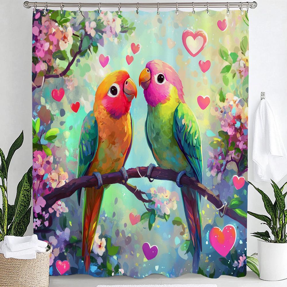 

Tropical Plants And Loving Parrots Print Shower Curtain Partition Privacy Hanging Curtain With Hooks Machine Washable W60H190(CM)-1 Pcs