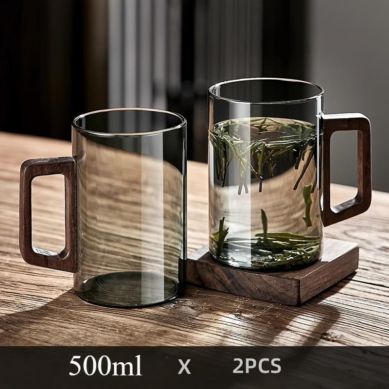 2pcs 500ml Glass Cups with Walnut Handle Household Heat-resistant Mug Large Capacity Tea Making Cup Office Drinking Glasses
