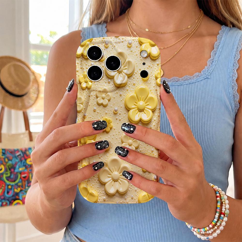 Yellow Floral Pearl Dot Wavy Edge Phone Case For iPhone 17 16 15 14 13 12 11 8 7 Plus Pro Max Elegant Soft Silicone Cover