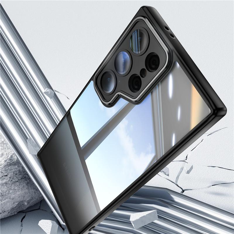 For Samsung Galaxy S24 S23 FE Plus Ultra Metal Armor Back Transparent Tempering Shell Full Cover With Lens Film Super Anti-drop Case Protector
