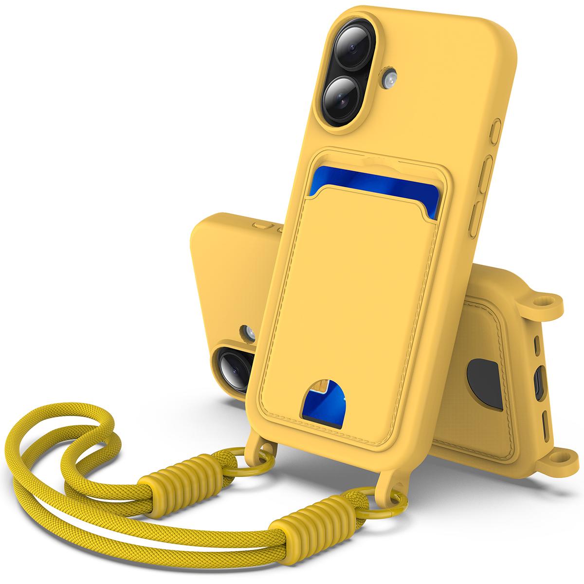 

For iPhone 16 Case Liquid Silicone Card Holder Phone Back Cover with Short Strap Yellow