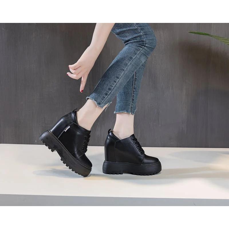 Fashion 11CM New Woman ROME Hidden Heels Round Toe Ankle Mid Calf Boots Autumn Spring Chunky Sneakers Lace-up Motorcycle Fashion Shoes