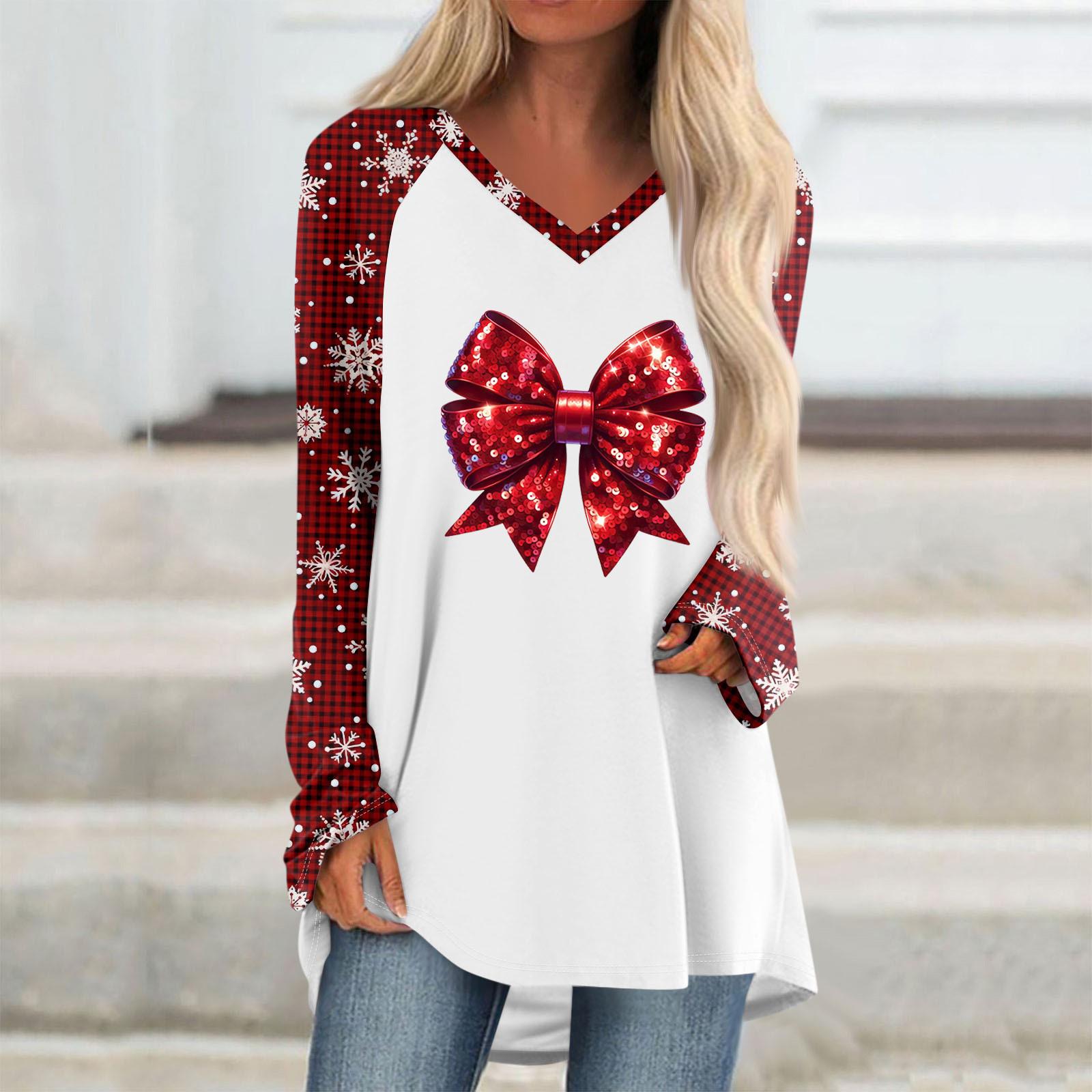 

Женская осенне-зимняя повседневная длинная свободная футболка с длинными рукавами и V-образным вырезом с рождественским принтом XXL винный