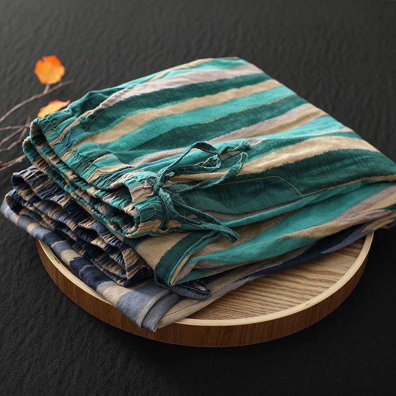 Women's Loose Casual Stripe Pants Thin Cotton Linen Harlan Summer Vintage Trousers