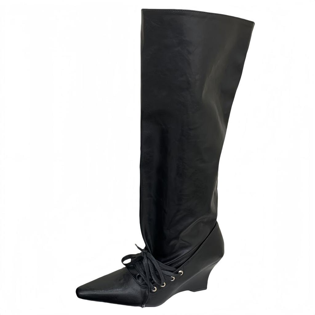 Vintage Western Pile Boots Women's 2025 Summer New Square Head Slope Heel Wide Tube Lace-up Folded Calf Boots