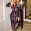 Fashionable Checked V-neck, Body-hugging Long-sleeved Sexy Dress
