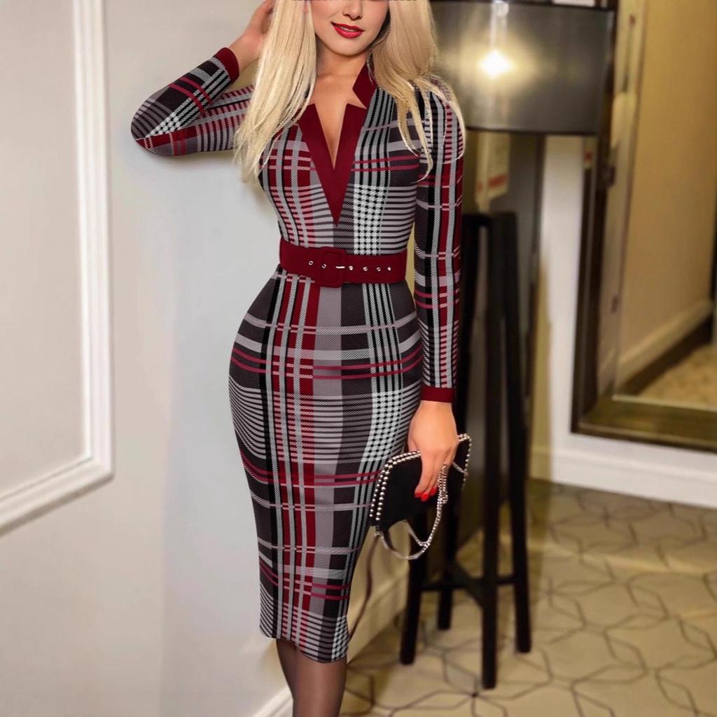 Elegante Vestito Sexy a Quadri con Scollo a V, aderente, a Maniche Lunghe