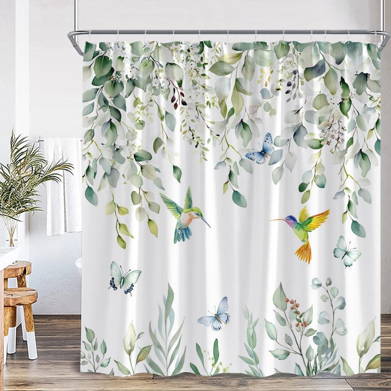 Grüne Blätter Kolibri Duschvorhänge Aquarell Pflanze Blatt Schmetterling Vogel Floral Badevorhang Stoff Heim Badezimmer Dekorationsset