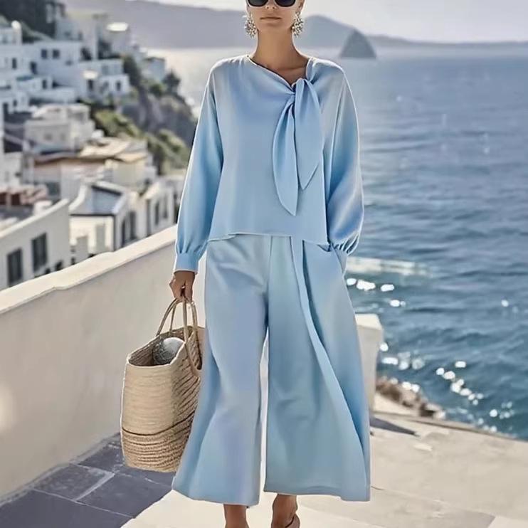 

2026 Spring Women s Casual Solid Color Long Sleeve Top & Pants Two-Piece Set 2XL світло-синій колір