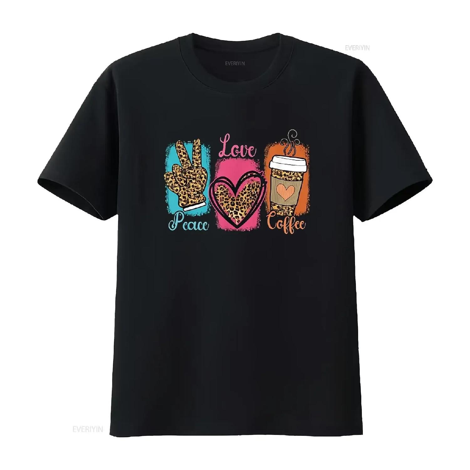 

Leopard Print Cheetah Pattern Peace Love Coffee Caffeine T Shirt Black Large vintage Washed Stretched Casual Comfortable XXXXXL різнокольоровий