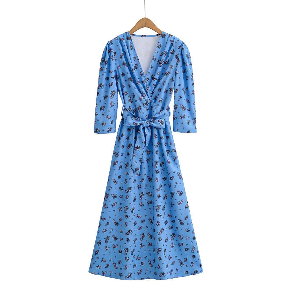 Spring-Summer V-Neck Floral Blue Dress for Women - Long Sleeve, Belted, Slim Fit L