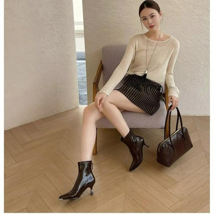 High-heeled Short Boots for Women - New Style Leather Soft Pointed-toe Low-heeled Shoes