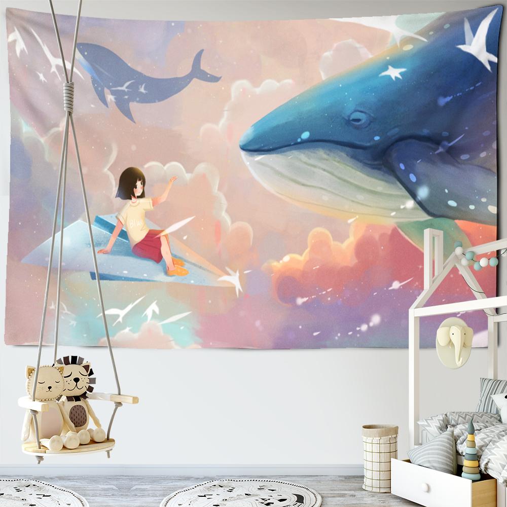 Japanese Whale Illustration Tapestry Wall Hanging Girl Sea Dragon Fish Bohemian Hippie Kawaii Carpet Children's Room Decor