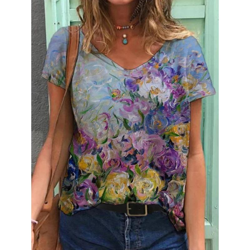 Summer Scenery Flowers Plants 3D Printed Short Sleeved T-shirt Women's Loose Short Sleeved Top V-neck T-shirt