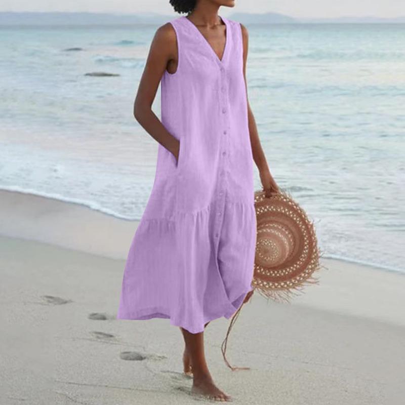 Solid Color V Neck Sleeveless Loose Waist Long Dress Women Casual Commute Vacation
