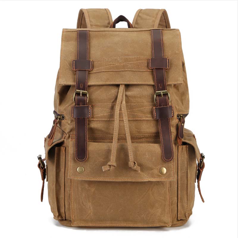 

Винтажный рюкзак из состаренной кожи и вощеного холста, большой вместимости, с несколькими карманами, новый, водонепроницаемый, на шнурке, для активного отдыха и путешествий, двухплечевой хаки
