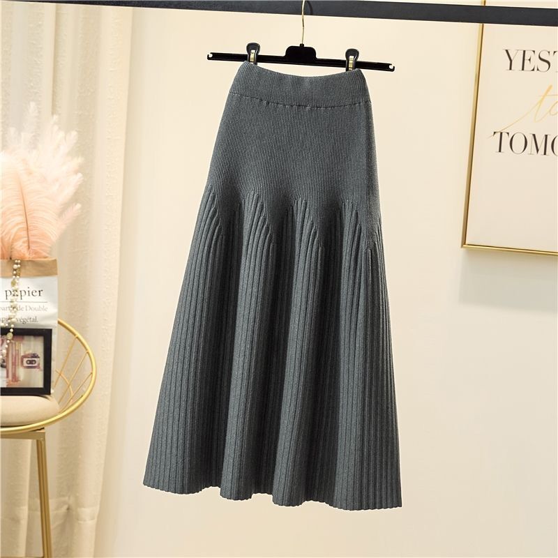 Autumn And Winter Mid-length Solid Color A-line Skirt Casual All-match Knitted Pleated Half-length Skirt Women