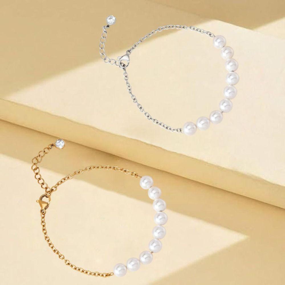 Steel Chain Pearl Bracelets Gold Color Beads Bracelets Dainty Simple Thin Pulseras  Party Wedding
