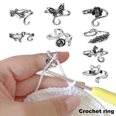 8 Pcs/Set Crochet Thread Ring Adjustable Animal Rings Braided Knitting Ring Holloween Ring Yarn Tension Rings for Crocheting Knitting Accessories