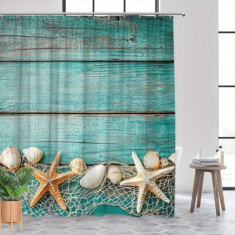 Rustic Coastal Shower Curtain - Seashells, Starfish, Scallop Design, Weathered Turquoise, Nautical Tranquility, Polyester,