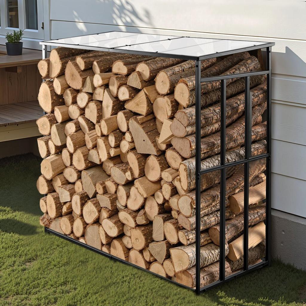 Firewood Rack with Sloped Roof, 143cm Outdoor Firewood Holder, 1/4 Cord Log Storage Shed, 299kg Max Weight Capacity, Powder-Coated Metal Wood Storage