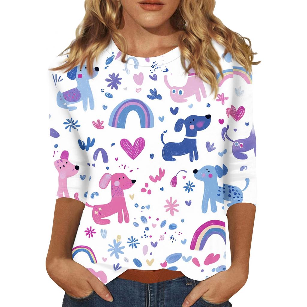 Women's Fashion Loose Casual Seven Sleeve Printed Round Neck Top