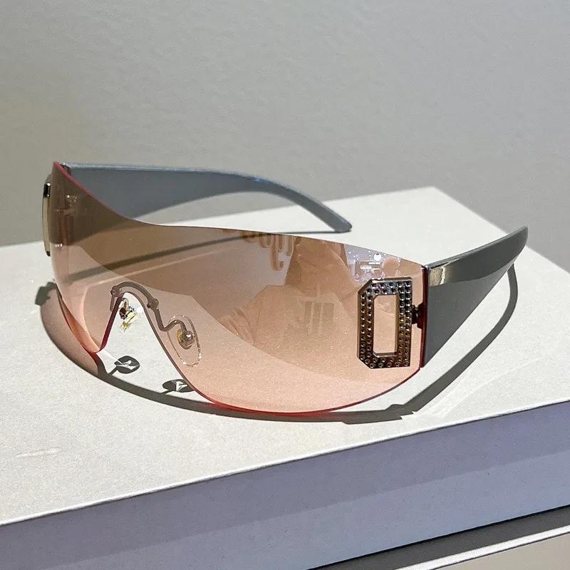 Y2K Rimless Punk Monolithic Sunglasses Women Goggle New Luxury Brand Shades Suns Glasses Female Five Star Wrap Around Eyewear
