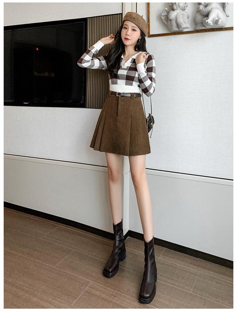 Women's High-Waisted Corduroy Wool Pleated A-line Skirt with Anti-Exposure Shorts - 2025 Autumn/Winter Collection