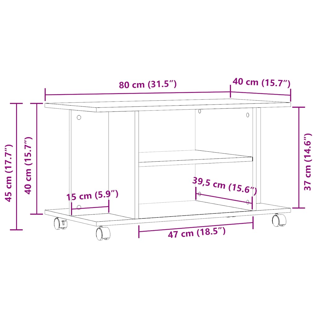 TV Stand with Casters Rustic Wood Look 80 X 40 X 45 Cm Engineered Wood