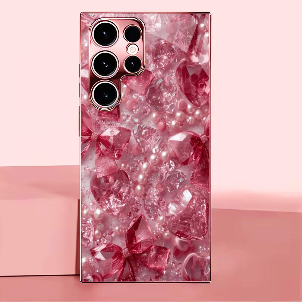 Luxurious Diamonds Madam Pink Glass PhoneCase for Samsung Galaxy S26 S25 S24 S23 S22 S21 FE Ultra Plus Dropresistant Female