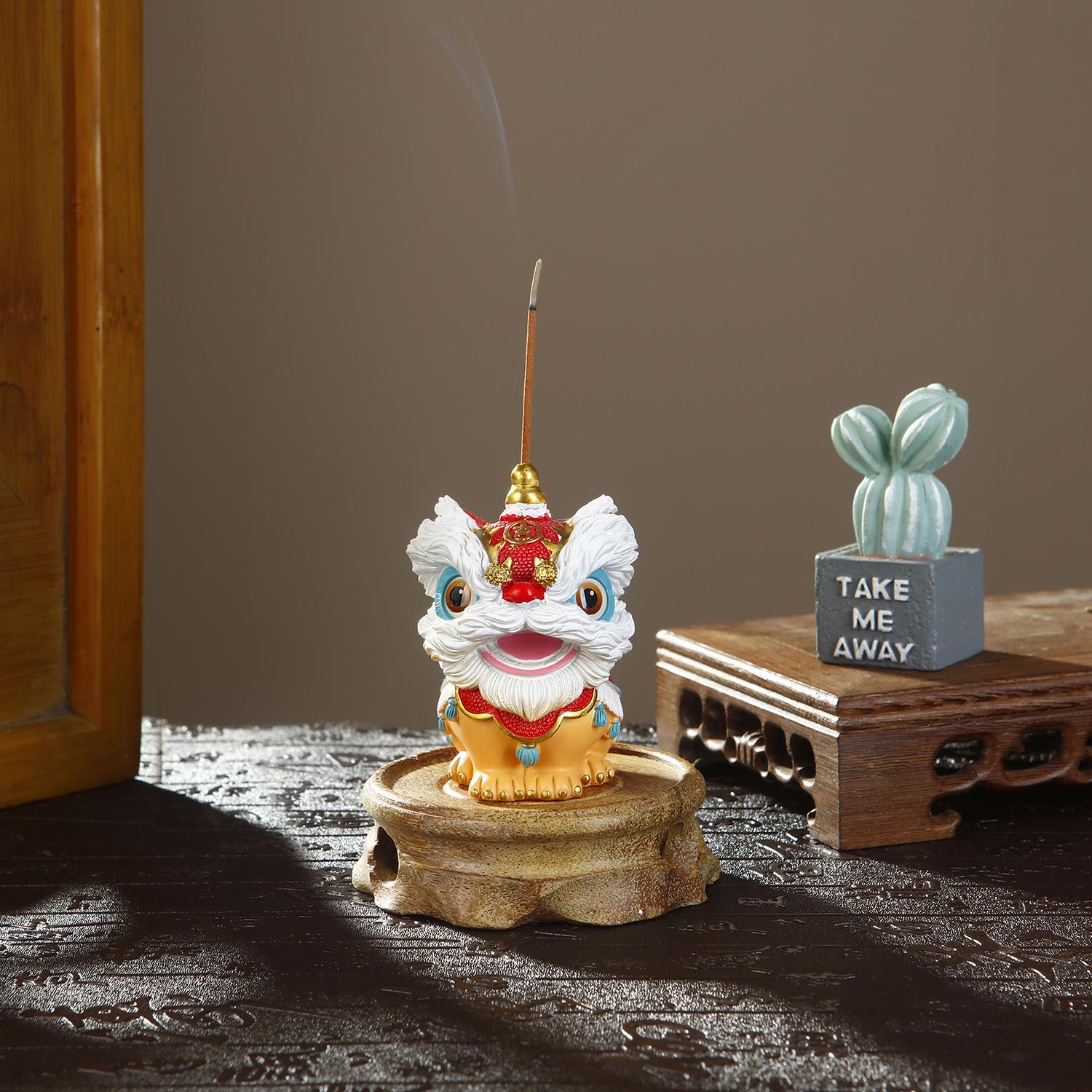 

Resin Chinese Lion Incense Holder for Sticks Creative Incense Burne with Wooden Base for Yoga Meditation Home Decor