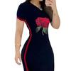 Women Dress Side Print Color Fit Round Matching Striped Slim Slit Rose Neck Short Sleeves Ankle Length