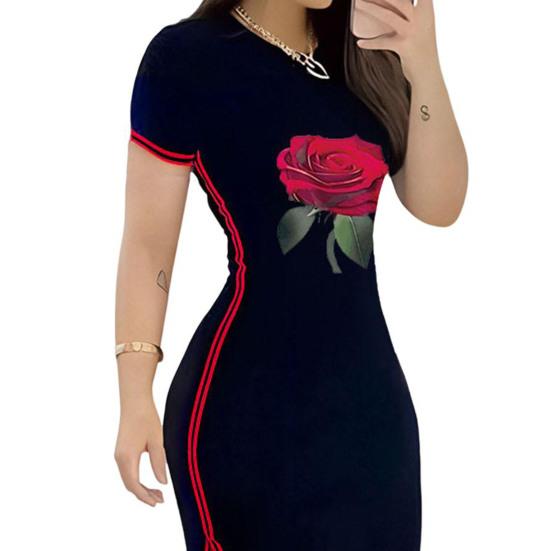 Women Dress Side Print Color Fit Round Matching Striped Slim Slit Rose Neck Short Sleeves Ankle Length