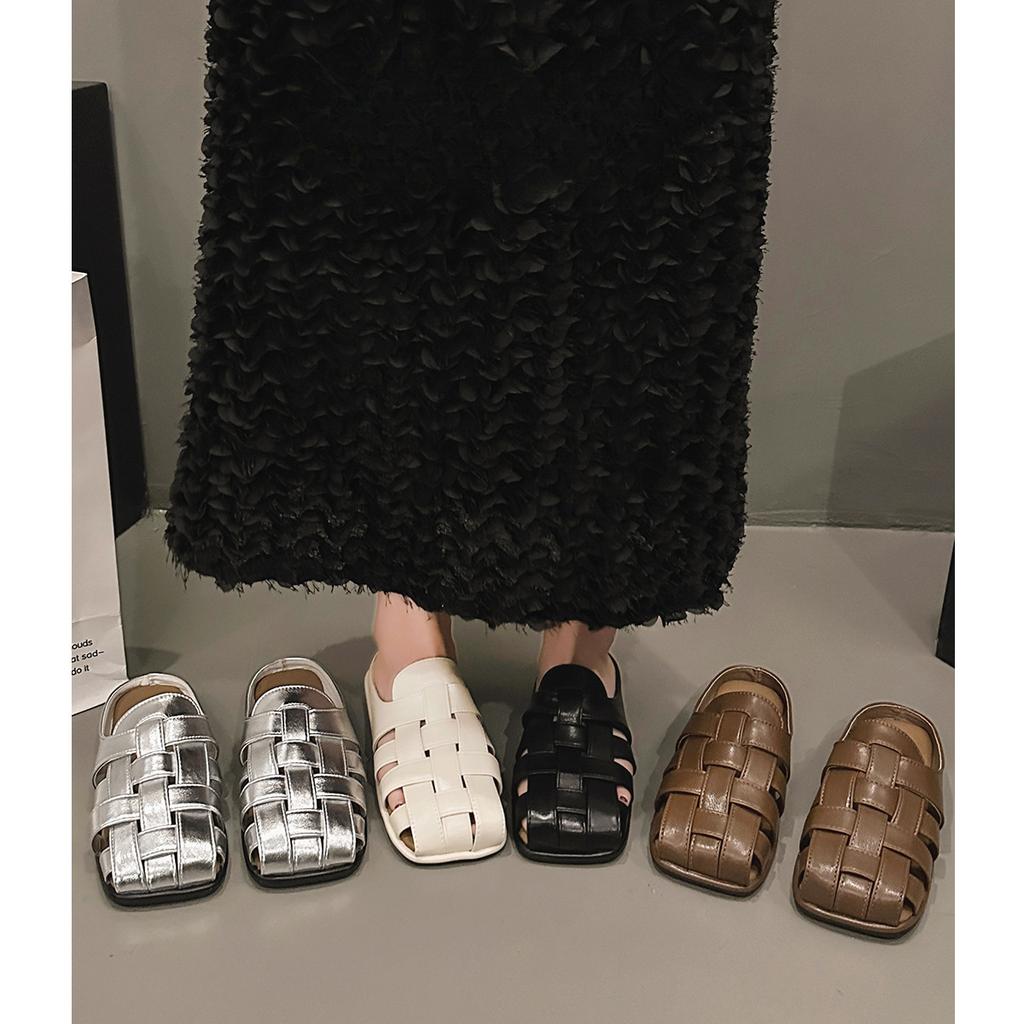 French bag head half slippers women's summer wear 2025 new with skirt flat-bottomed silver single shoes one foot cool slippers