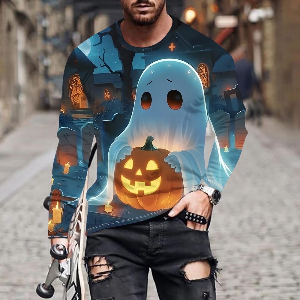 Fashion Men's Pumpkin Ghost 3D Printed T-shirt Comfortable Soft Breathable Loose Large Casual Sports Versatile Round Neck Long Sleeve T-shirt