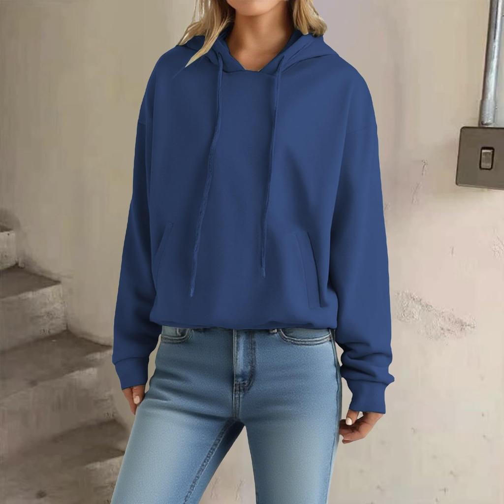 Women's Loose Long Sleeved Pullover With Drawstring And Pocket Hooded Solid Color Hoodie