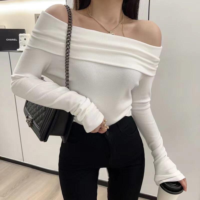 Early Autumn Off-Shoulder Slim-Fit Long-Sleeve T-Shirt for Women