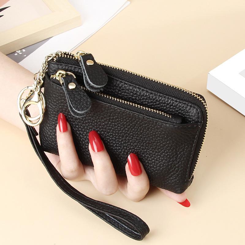 Mini Leather Coin Purse With Keychain Multi Zipper Clutch Wallet Portable Wristlet Card Holder чёрный