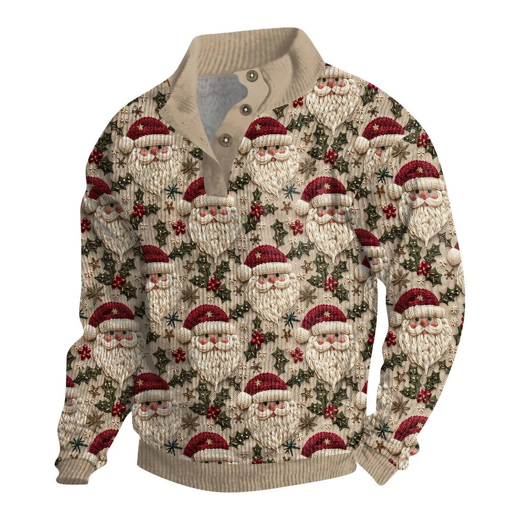Herre Jul Bomull Genser Langermet Utendørsskjorte Vintage Kordfløyel Knapper Ståkrage Skjorte Casual Genser Juleprint Topp