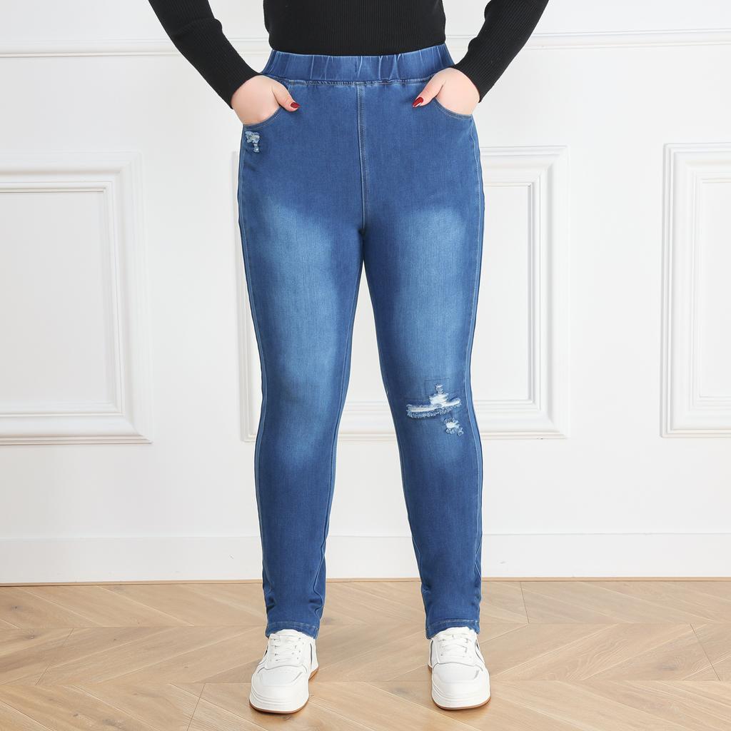 Jeans Azules Rasgados de Talla Grande Pantalones de Mujer de Cintura Alta Casuales