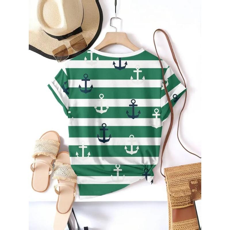 Stripe Graphic 3D T Shirt Women Summer V-Neck Short Sleeve Tops Holiday Casual Tees Woman Streetwear Oversized T-shirt