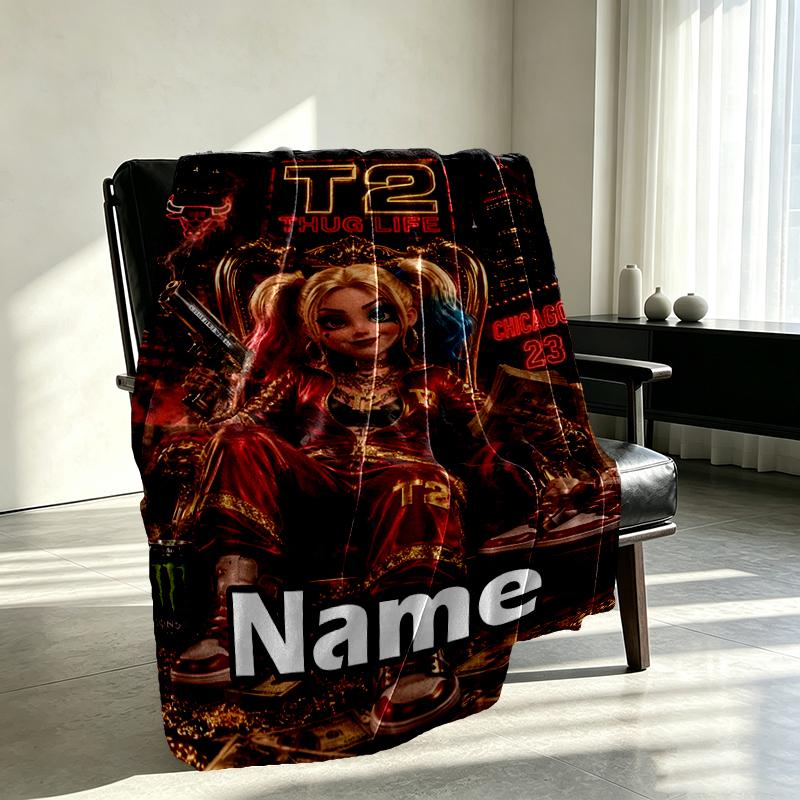 Custom Name Personalized Harley Quinn Joker Print Blanket, Home Decor, Bedroom, Sofa, Camping, Couch, Gifts for Birthday Christmas