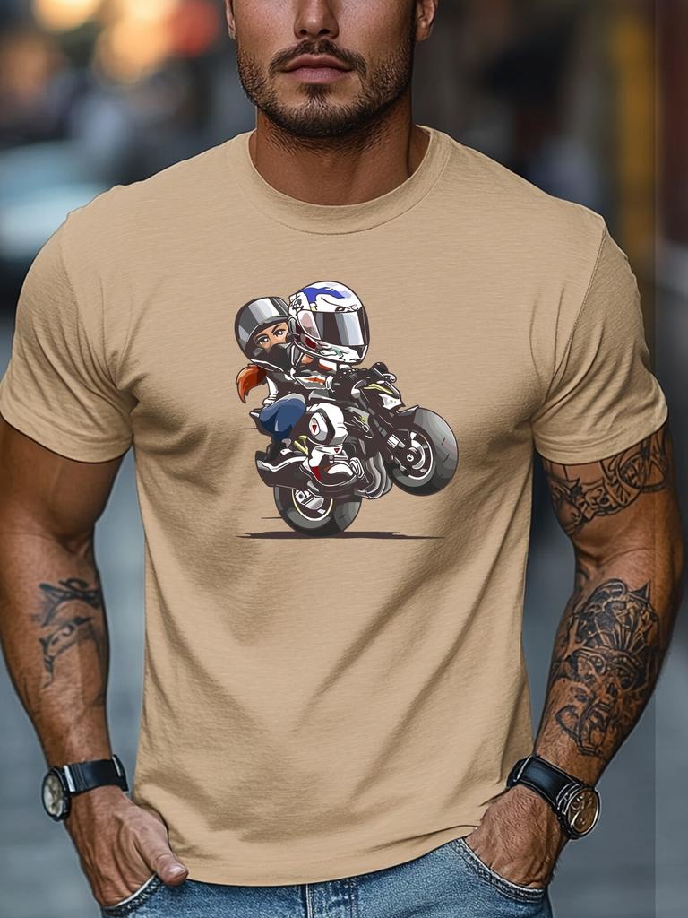 Unisex Royal Blue Crew Neck Tee Cartoon Couple Rider With Full Helmet Sport Motorcycle Graphic Biker Soft Cotton Male Casual Tops