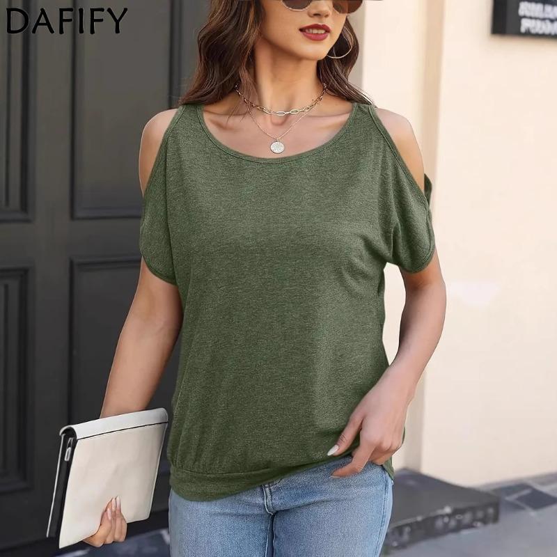 DAFIFY Women's Fashion Casual Summer Spring Solid Color Print Short Sleeve O-Neck Blouses & Shirts